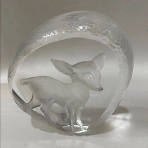 Mats Jonasson Clear Glass Art Deer Heavy Paperweight Sculpture Signed Sticker